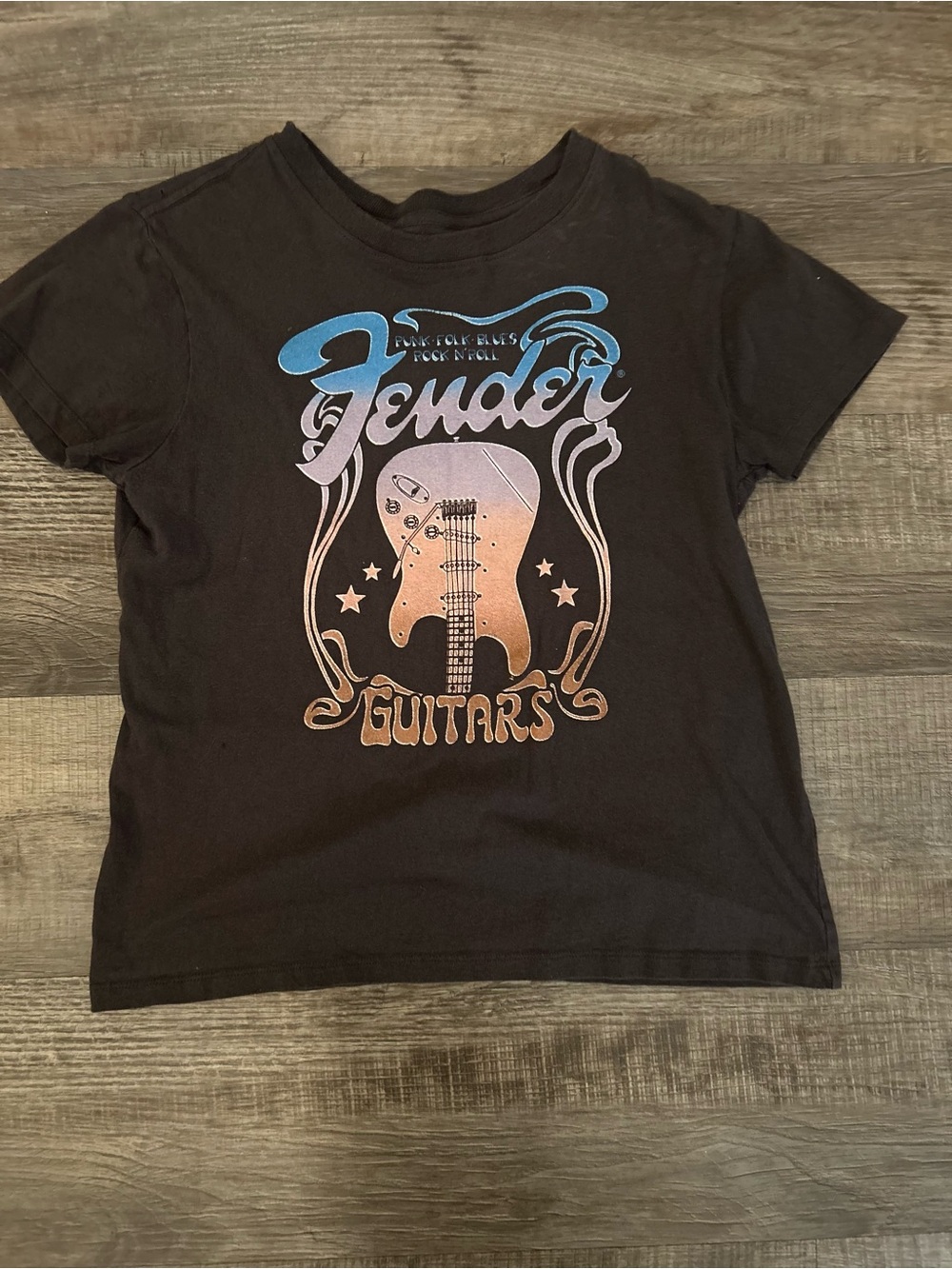 Fender Black Tee with Blue and Bronze Guitar Graphic